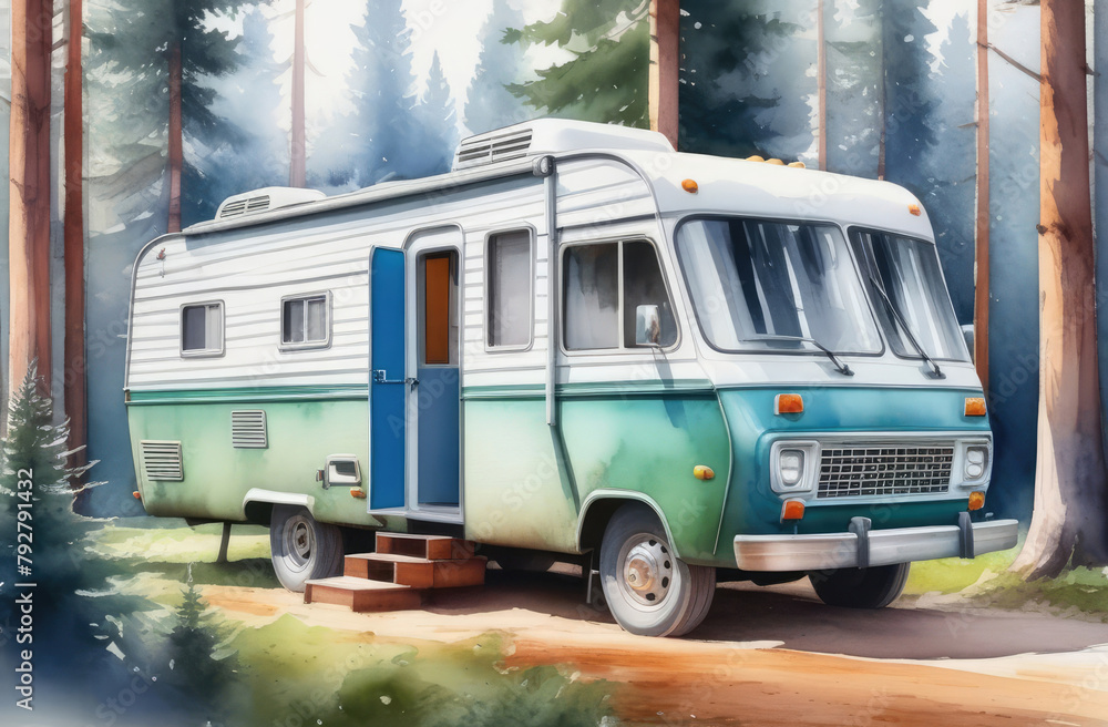 vacation in wild nature, camper van. watercolor illustration of home on wheels parked in forest.