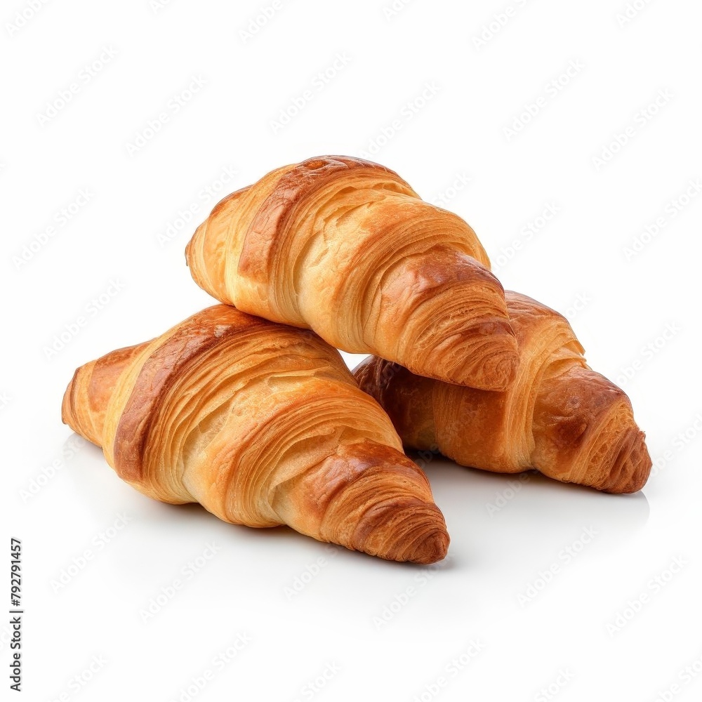 Freshly baked croissants with crispy texture, isolated on a white background, suitable for bakery and gourmet topics