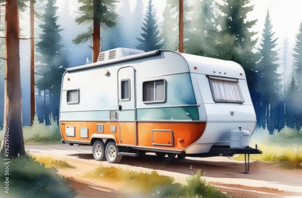 vacation in wild nature, watercolor illustration. motorhome parked in forest among trees.