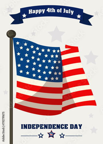 Happy 4th of July Usa Independence Day greeting card. Waving United States  American national flaq and stars. Vector illustration greeting card for web3 and ready for print