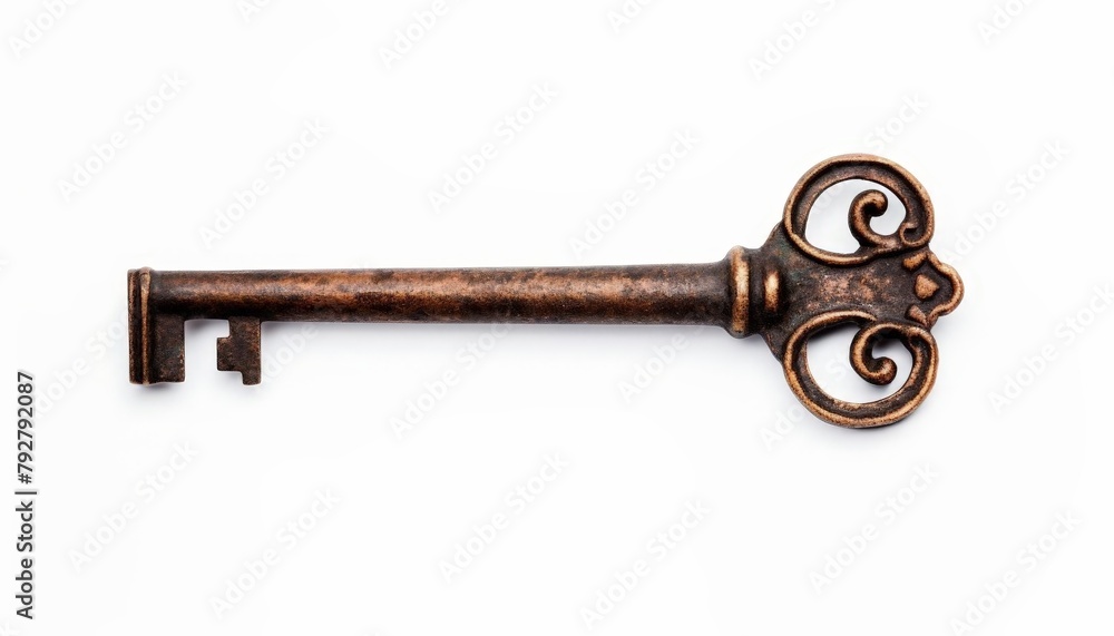 Single antique key, rusted and textured, isolated on a stark white background, mystery or security concept Single antique key, rusted and textured, isolated on a stark white background, mystery or security concept