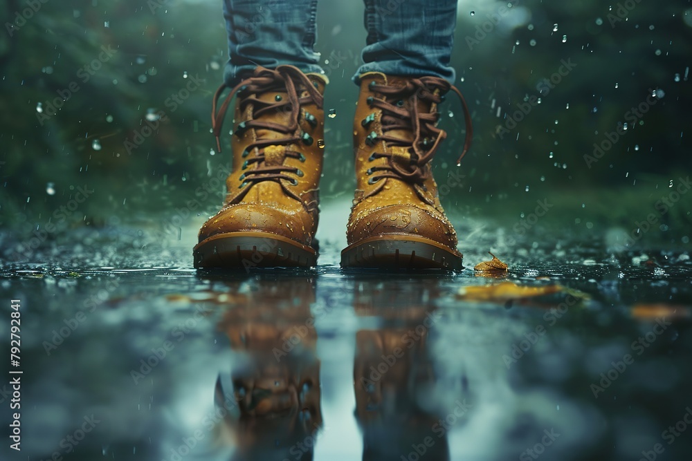 Hiking boots in a rain puddle on a rainy day, Ai Generated Hiking boots in a rain puddle on a rainy day, Ai Generated