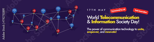 World Telecommunication and information society day 17 May 2024. World telecommunication day cover banner, post with silhouette world map and wifi, signal waves icon making route on purple background