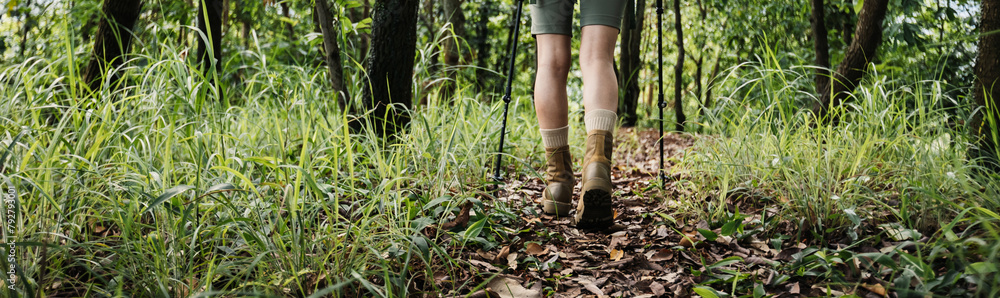 Woman hiking in summer forest mountain Woman hiking in summer forest mountain