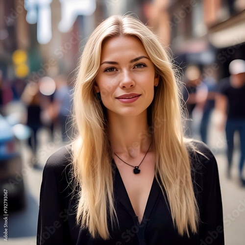 Portrait of a beautiful young woman with long blond hair in the city