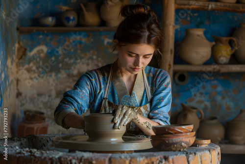 A potter molding clay on a spinning wheel, concentration visible on her face, isolated on a creativity earth background, emphasizing art and craftsmanship 
