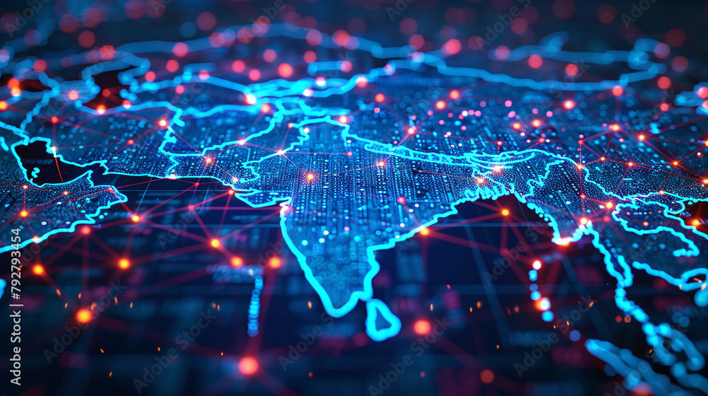 Fototapeta premium Digital map of Asia, concept of global network and connectivity, data transfer and cyber technology, business exchange, information and telecommunication