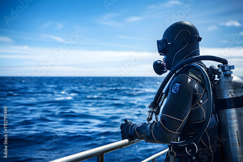 A professional diver gearing up on a boat, ocean in the background, set against a deep sea blue background, illustrating adventure sports