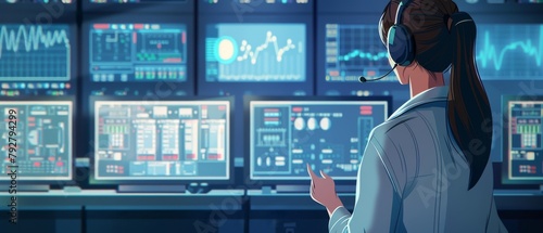 Using a headset, a woman working in a system control center gives instructions. Possible themes include air traffic, power plants, or security rooms. photo