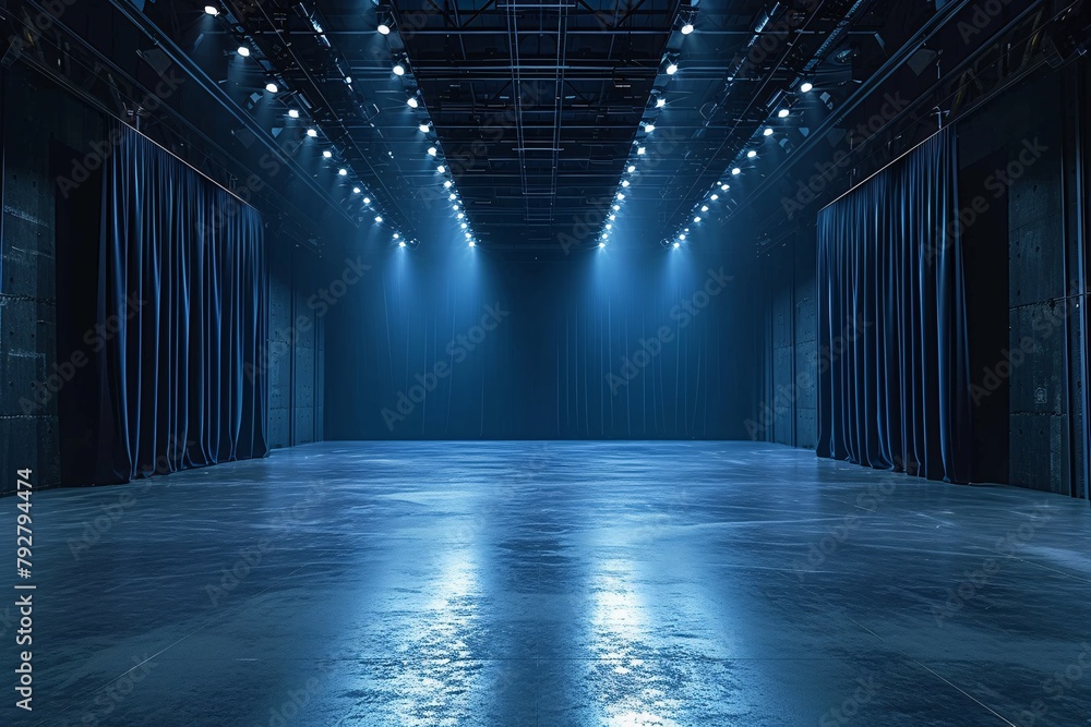 Mysterious curtains envelop a stage with dramatic blue lighting reflecting on the sleek floor surface