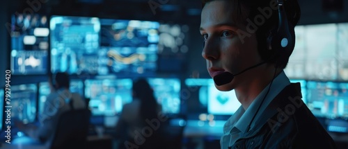 An IT Specialist speaks into his headset in the System Control Center. Around him, colleagues work on screens in the background.