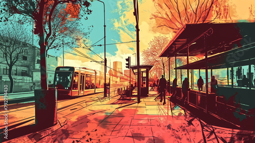 Digital art depicting a tram stop with passengers waiting, surrounded by autumn trees and a sunset in the city. 