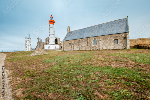 lighthouse and ruin of monastery, Pointe de Saint Mathieu, Brittany (Bretagne), France