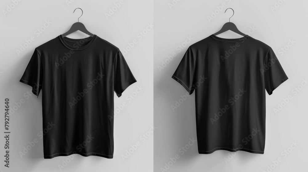 Black T-shirt mock-up on white wall. Front and rear side views. Ready to replace your design. Black T-shirt mock-up on white wall. Front and rear side views. Ready to replace your design.