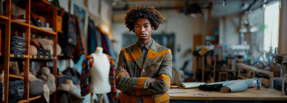 Creative African American fashion designer working on project in atelier with mannequin. Successful business in the making for young curly hair tailor.
