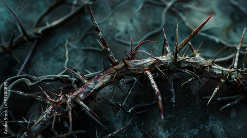 Crown of thorns, intertwining branches and sharp thorns with intricate detail and texture