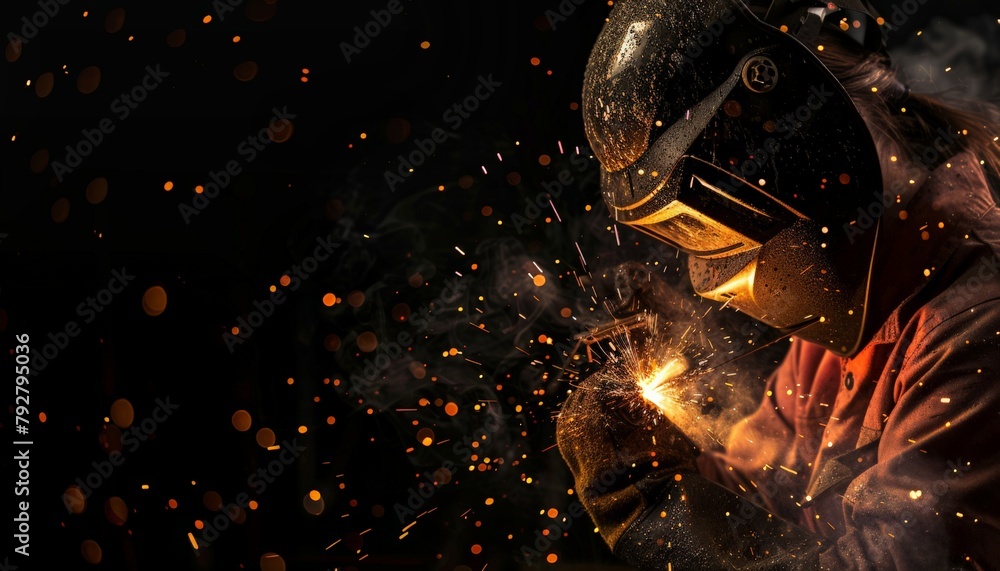 Female Metalworker Welding with Intense Sparks, Craftsmanship in Dark Ambiance, Skilled Trade Expertise, Copy Space