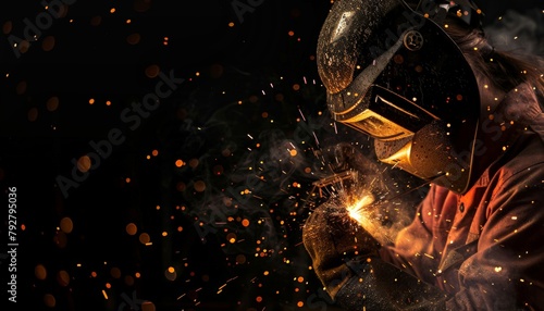 Female Metalworker Welding with Intense Sparks, Craftsmanship in Dark Ambiance, Skilled Trade Expertise, Copy Space photo