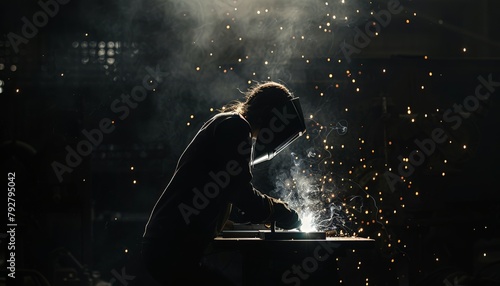 Female Metalworker Welding with Intense Sparks, Craftsmanship in Dark Ambiance, Skilled Trade Expertise, Copy Space photo