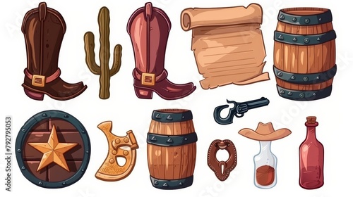 There are cowboy boots, sheriff's star badges, cactus and horseshoes isolated on white background. The set contains an old wooden barrel, blank wanted poster and bottle.