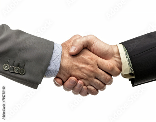 Two hands are shaking, on a white background. The hand holding money is in the style of a businessman concluding a deal, while the suited hand represents a formal business interaction. 