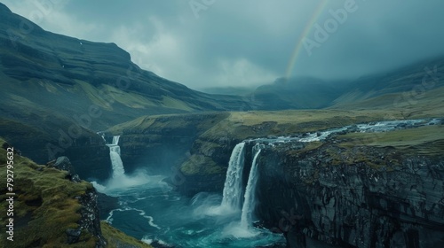 Faroe Island  waterfall serves as a dynamic centerpiece