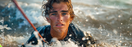 Adventurous young man riding the waves while kitesurfing in the ocean
