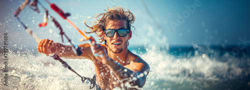 Adventurous young man riding the waves while kitesurfing in the ocean