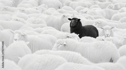 Lonely black sheep among a flock of white sheep