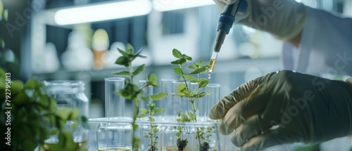 In a modern laboratory, a researcher uses a dropper and plant to synthesize compounds.