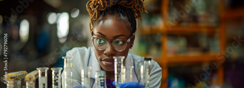 African female scientist extracting test tube samples filled with clear liquid photo