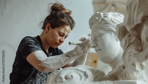 Female Stonemason Crafting Sculpture, Artisan Skill and Concentration, Traditional Stone Carving Studio