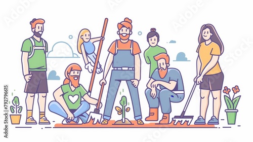 Men and women farmers planting and watering sprouts, raking ground. Happy farmers characters group working in summer orchard. Modern line art illustration. photo