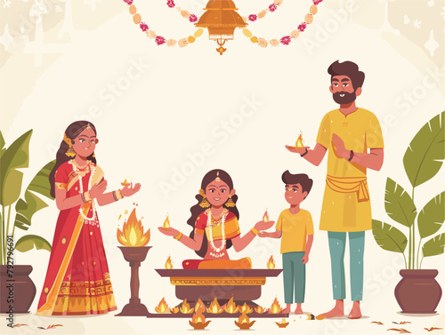 Animated Puja Ceremony: Traditional Hindu Family Offering Prayers and Lighting Lamps in Decorated Home Temple