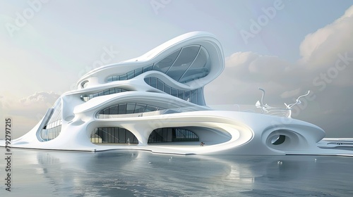 Craft an imaginative 3D representation of a futuristic white building that pushes the boundaries of modern architecture