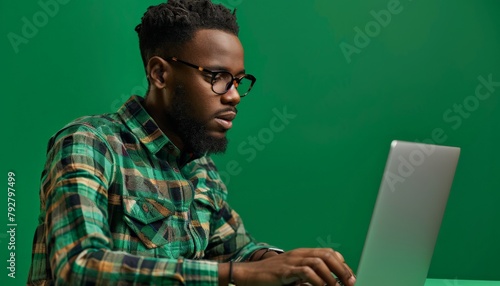 Freelancer with Laptop on Green Background, Casual Tech Professional, copy space