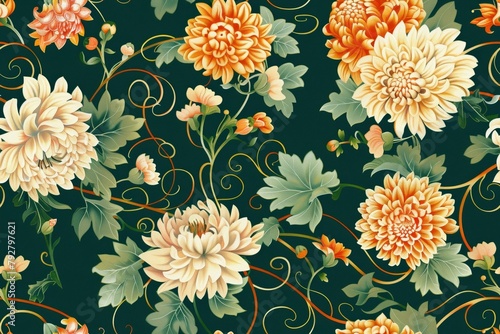 Intricate seamless pattern of chrysanthemums and vines.