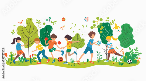 Children playing games and sports in the park. Vector
