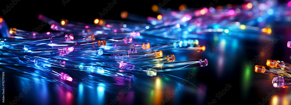 Fiber Optic Cables Aglow: High-Speed Data Network, Created with Generative AI Technology