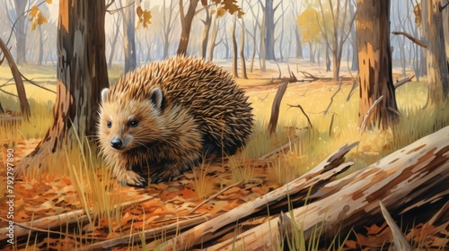 A hedgehog walks through a forest of fallen leaves and dead logs. photo