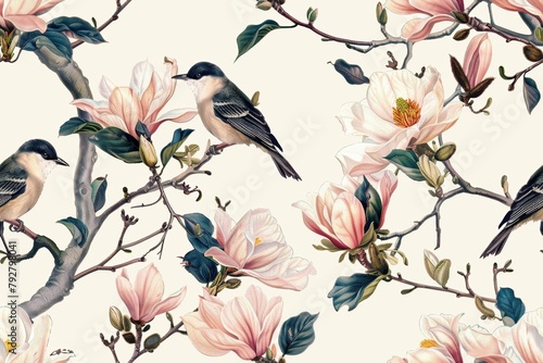 Seamless pattern with blooming magnolia flowers and songbirds. © Thi