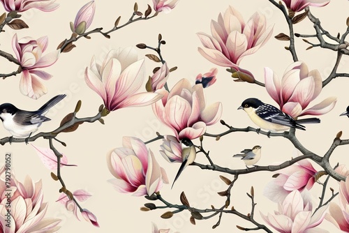Seamless pattern with blooming magnolia flowers and songbirds. © Thi