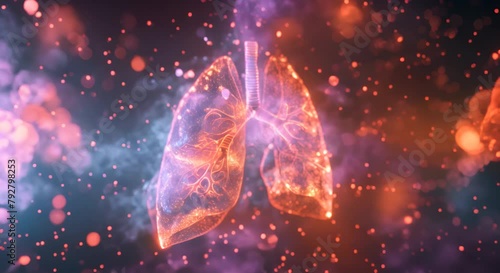 Holographic lung icon for diagnosing lung diseases such as cancer pneumonia and viral infections. Medical Illustration Concept, Holographic Technology, Lung Disease, 3D Rendering. photo