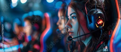 A professional gamer girl and her team compete in an eSport Cyber Games Tournament wearing headphones and colorful bands.