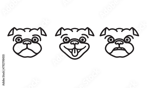 A set of images of pugs with different emotions. Evil, kind and joyful dogs. Linear graphics.