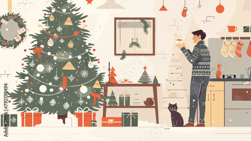 Christmas interior. Man and cat standing near christm photo