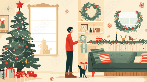 Christmas interior. Man and cat standing near christm