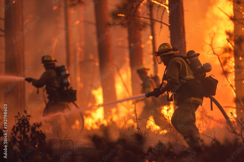 Fototapeta premium Firefighters battling a severe forest fire with water hoses.