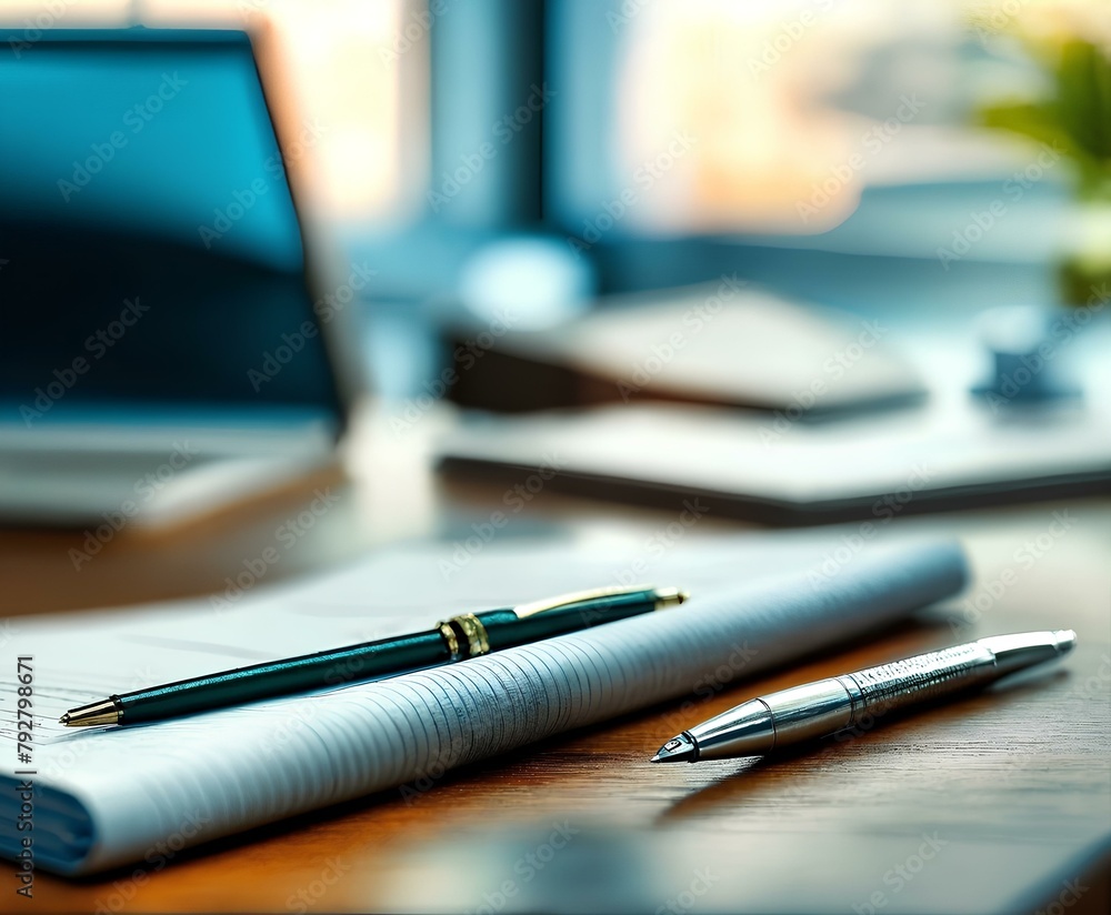 close up photo of an office desk with papers, pens, notebook close up photo of an office desk with papers, pens, notebook