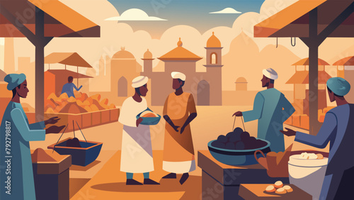 An illustration of a e market in ancient times with merchants haggling over precious sacks of saffron and jars of cinnamon while elephants and